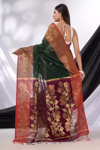Emerald Green Cotton Blend Handwoven Saree With Foliage Border