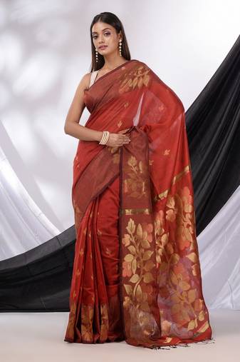 Red Cotton Blend Handwoven Saree With Foliage Border