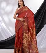 Red Cotton Blend Handwoven Saree With Foliage Border