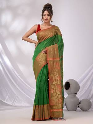 Green Cotton Blend Handwoven Saree With Foliage Border 1