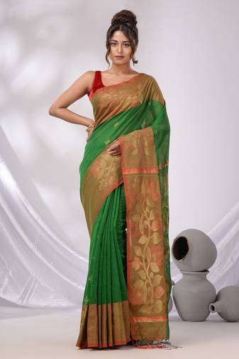 Green Cotton Blend Handwoven Saree With Foliage Border