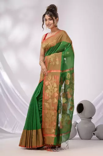 Green Cotton Blend Handwoven Saree With Foliage Border