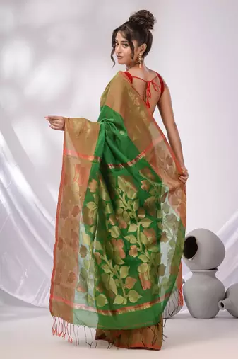 Green Cotton Blend Handwoven Saree With Foliage Border