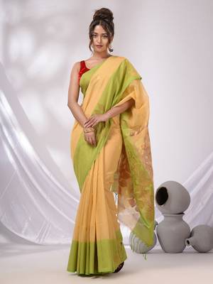 Beige Cotton Blend Handwoven Saree With Foliage Pallu Designs 1