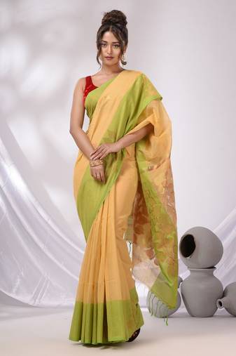 Beige Cotton Blend Handwoven Saree With Foliage Pallu Designs