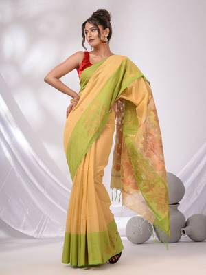 Beige Cotton Blend Handwoven Saree With Foliage Pallu Designs 2