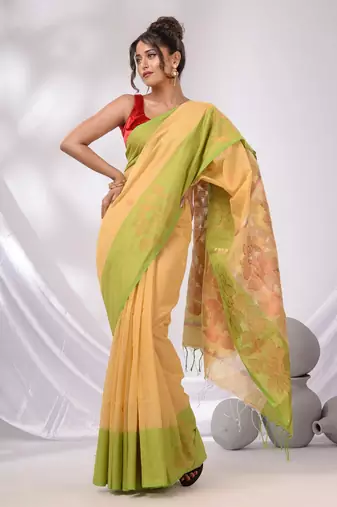 Beige Cotton Blend Handwoven Saree With Foliage Pallu Designs