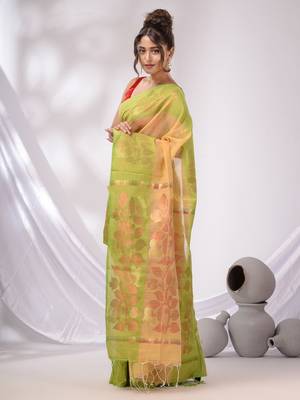 Beige Cotton Blend Handwoven Saree With Foliage Pallu Designs 3