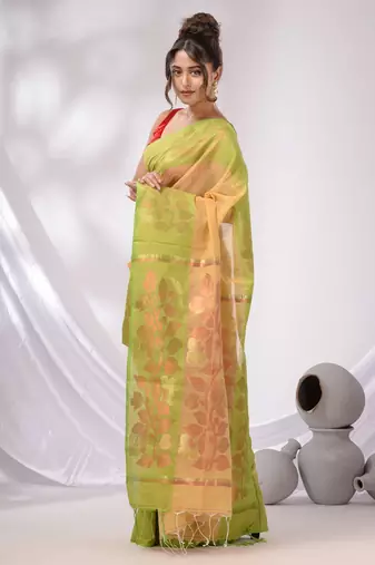 Beige Cotton Blend Handwoven Saree With Foliage Pallu Designs