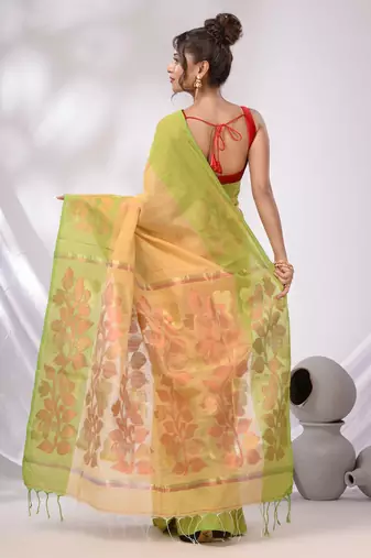 Beige Cotton Blend Handwoven Saree With Foliage Pallu Designs