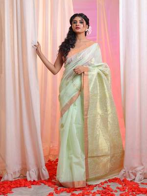 Mint Green Cotton Blend Handwoven Saree With Paisley Designs 1
