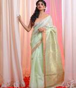 Mint Green Cotton Blend Handwoven Saree With Paisley Designs