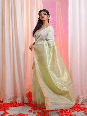 Mint Green Cotton Blend Handwoven Saree With Paisley Designs 2