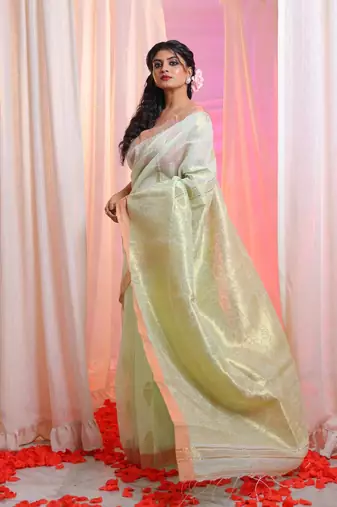 Mint Green Cotton Blend Handwoven Saree With Paisley Designs