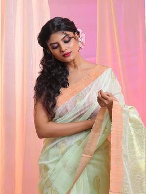 Mint Green Cotton Blend Handwoven Saree With Paisley Designs 3