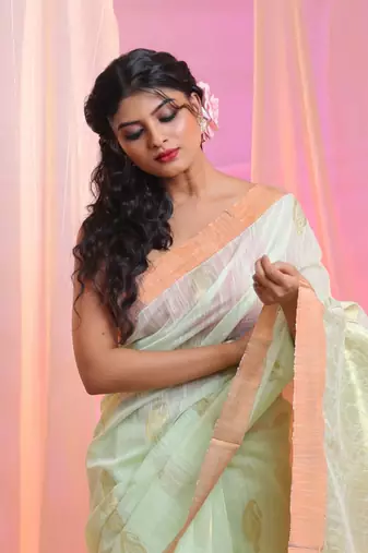 Mint Green Cotton Blend Handwoven Saree With Paisley Designs