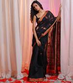 Black Cotton Blend Handwoven Saree With Paisley Designs