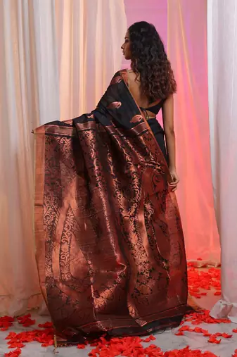 Black Cotton Blend Handwoven Saree With Paisley Designs