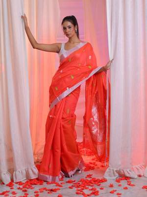 Watermelon Pink Cotton Blend Handwoven Saree With Floral Pallu 1
