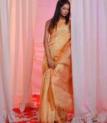 Beige Cotton Blend Handwoven Saree With Floral Pallu