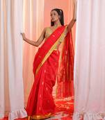 Red Cotton Blend Handwoven Saree With Floral Pallu