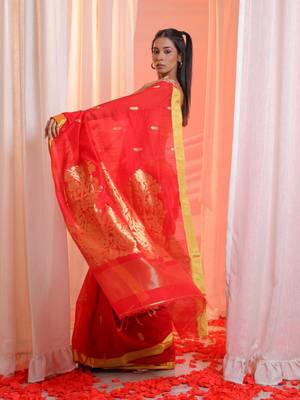 Red Cotton Blend Handwoven Saree With Floral Pallu 2