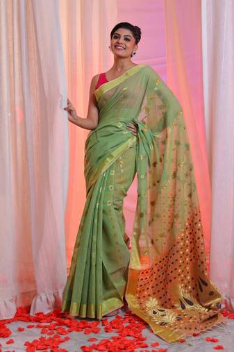 Pistachio Green Cotton Blend Handwoven Saree With Zari Woven Designs