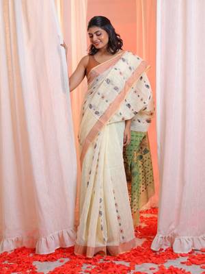 Off White Cotton Blend Handwoven Saree With Zari Woven Designs 1