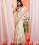 Off White Cotton Blend Handwoven Saree With Zari Woven Designs