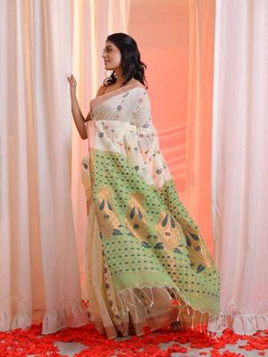 Off White Cotton Blend Handwoven Saree With Zari Woven Designs 2