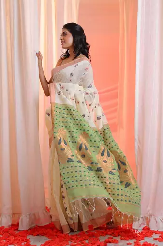 Off White Cotton Blend Handwoven Saree With Zari Woven Designs