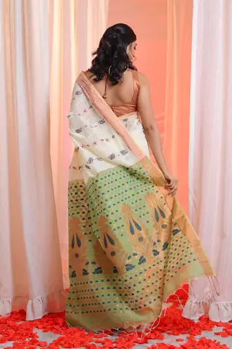 Off White Cotton Blend Handwoven Saree With Zari Woven Designs