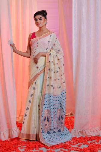 Off White Cotton Blend Handwoven Saree With Zari Woven Designs