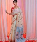 Off White Cotton Blend Handwoven Saree With Zari Woven Designs