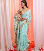 Sea Green Cotton Blend Handwoven Saree With Zari Woven Designs