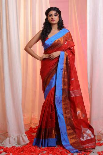 Red Cotton Blend Handwoven Saree With Temple Border