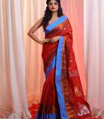Red Cotton Blend Handwoven Saree With Temple Border