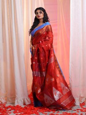Red Cotton Blend Handwoven Saree With Temple Border 2