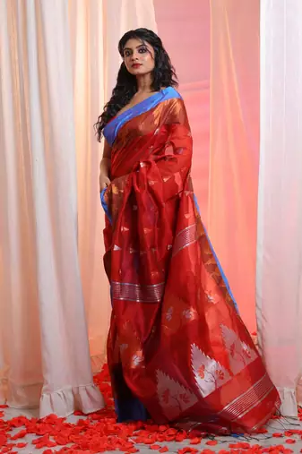 Red Cotton Blend Handwoven Saree With Temple Border