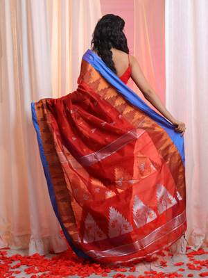 Red Cotton Blend Handwoven Saree With Temple Border 4