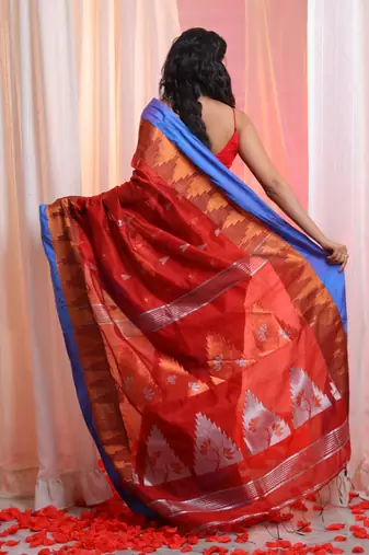 Red Cotton Blend Handwoven Saree With Temple Border