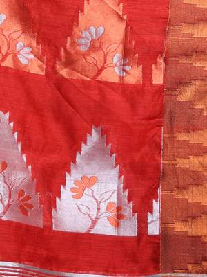 Red Cotton Blend Handwoven Saree With Temple Border 5