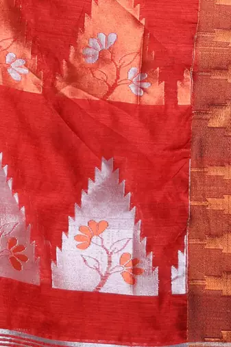 Red Cotton Blend Handwoven Saree With Temple Border