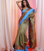 Ecru Cotton Blend Handwoven Saree With Temple Border