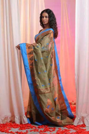 Ecru Cotton Blend Handwoven Saree With Temple Border