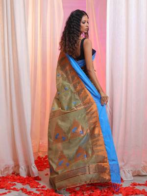 Ecru Cotton Blend Handwoven Saree With Temple Border 4