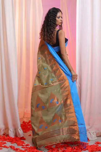 Ecru Cotton Blend Handwoven Saree With Temple Border