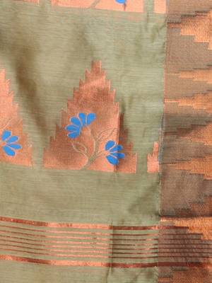 Ecru Cotton Blend Handwoven Saree With Temple Border 5