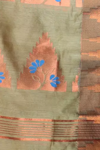 Ecru Cotton Blend Handwoven Saree With Temple Border