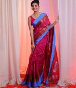 Fuchsia Cotton Blend Handwoven Saree With Temple Border